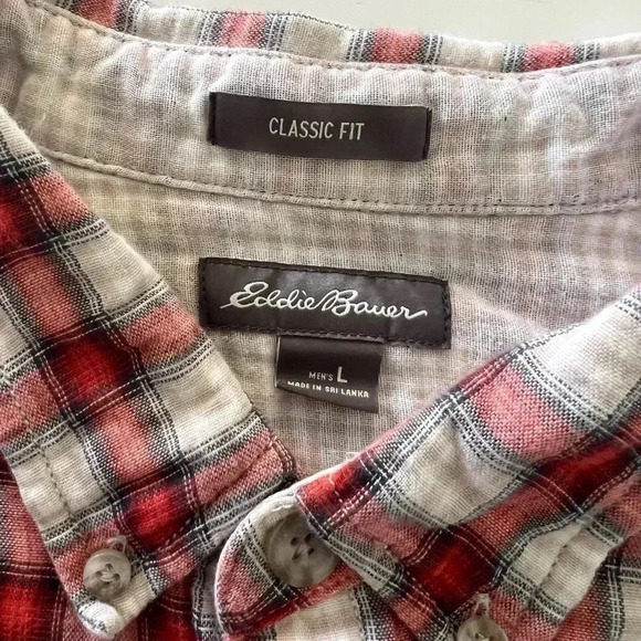 Eddie Bauer Classic Fit Red Plaid Check Collared Cotton Button Down Size Large - Picture 8 of 9